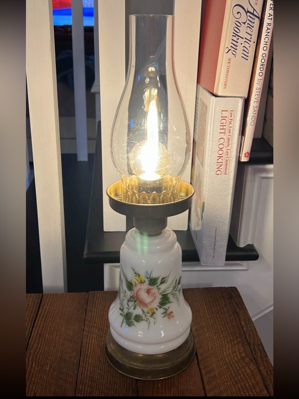 Vintage Floral Milk Glass Hurricane Lamp - White and Gold